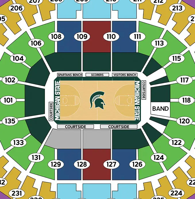 Map showing seating locations for basketball games at the Breslin Center