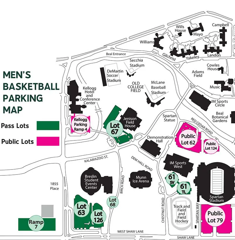 Map showing parking locations for basketball games